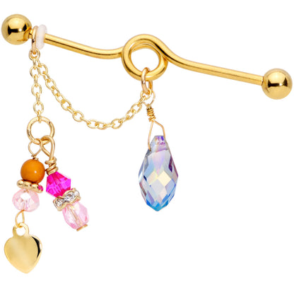 14G Pink Aurora Gem Gold Tone Chain Dangle Industrial Barbell 38mm