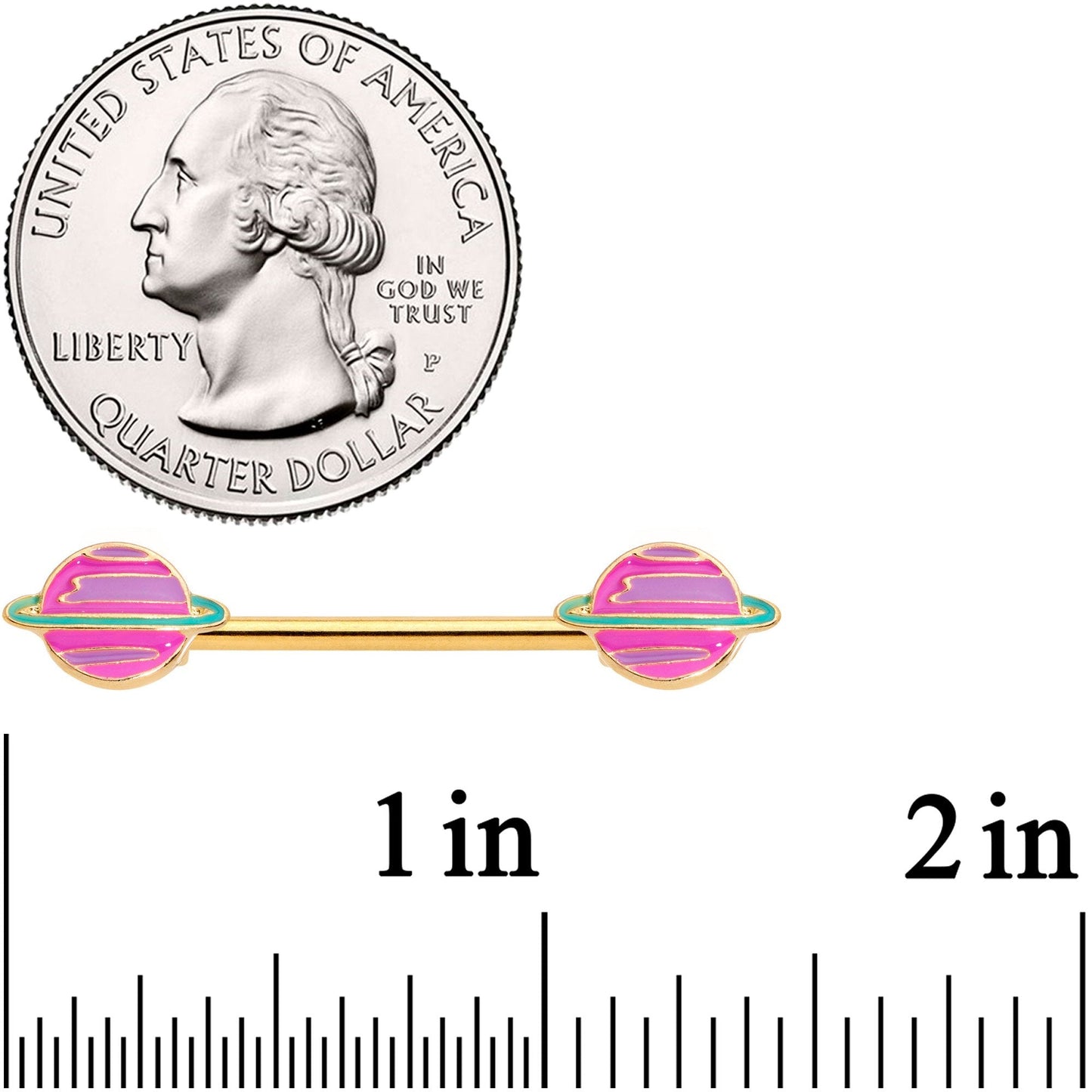 14G 9/16 Gold Tone Pink Planet Saturn Barbell Nipple Ring Set