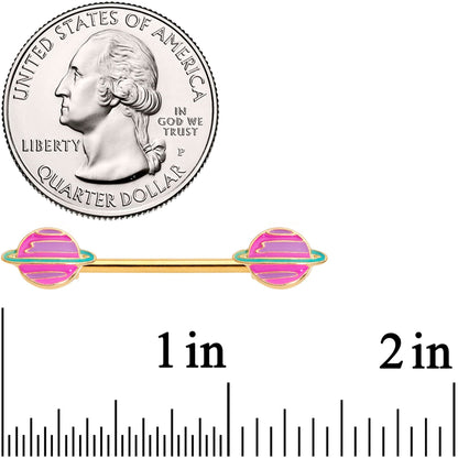 14G 9/16 Gold Tone Pink Planet Saturn Barbell Nipple Ring Set