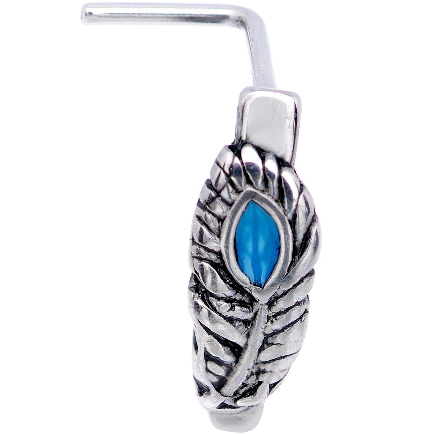 20G 1/4 Southwest Blue Feather Faux Hoop L Shaped Nose Hoop