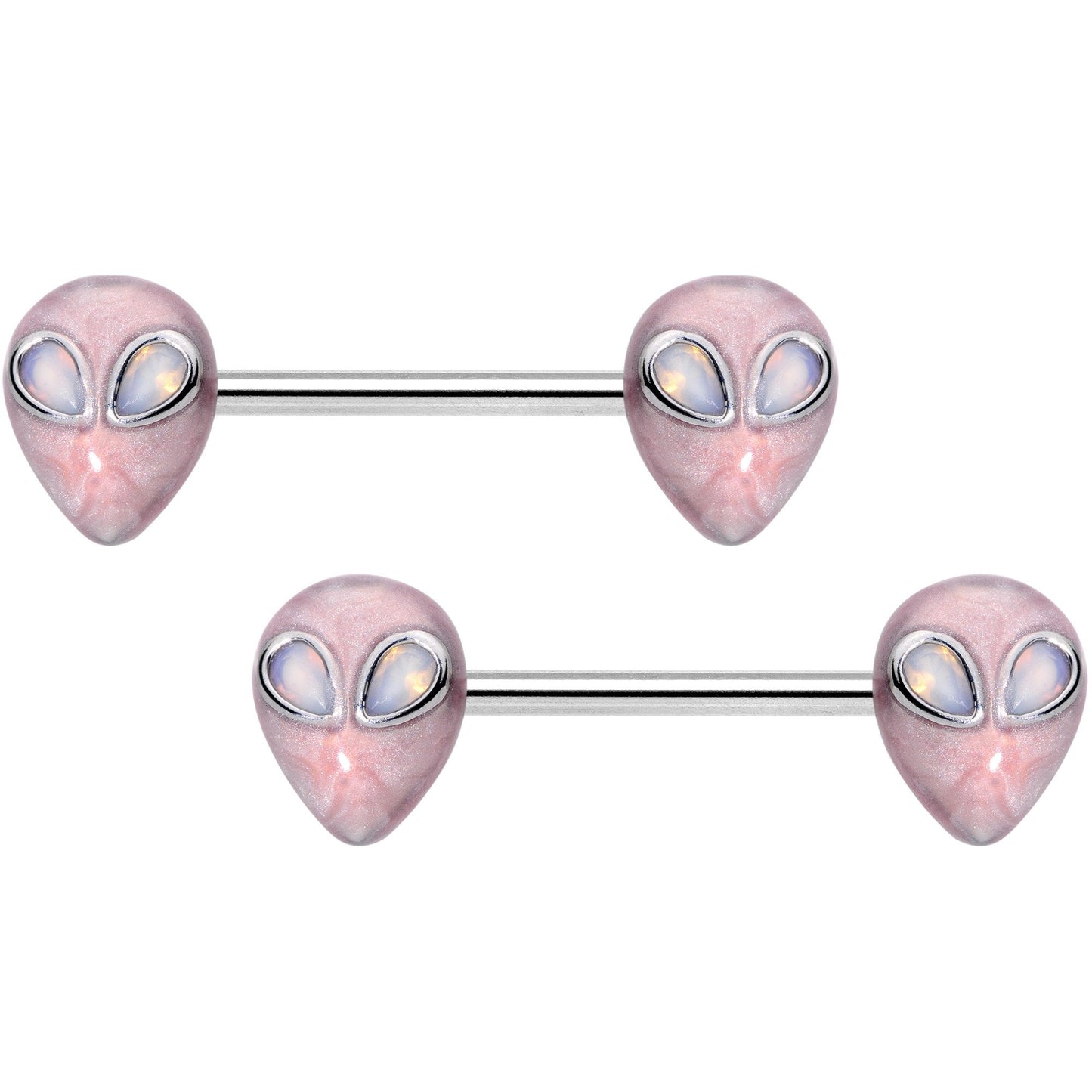 14G 9/16 White Faux Opal Alien Invader Barbell Nipple Ring Set