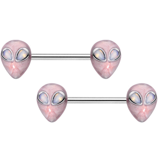 14G 9/16 White Faux Opal Alien Invader Barbell Nipple Ring Set
