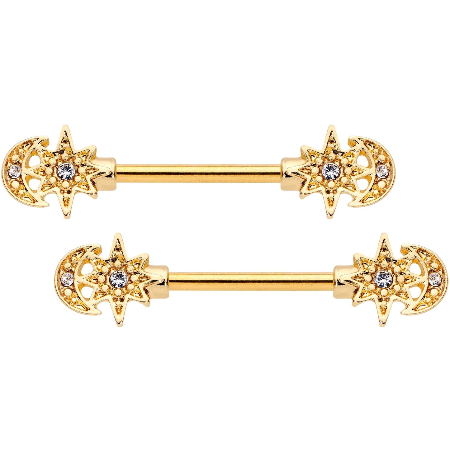 14G 9/16 Clear Gem Gold Tone Holiday Star Barbell Nipple Ring Set