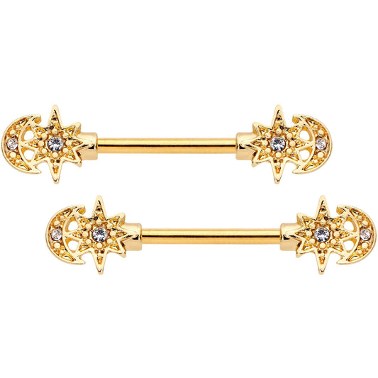 14G 9/16 Clear Gem Gold Tone Holiday Star Barbell Nipple Ring Set