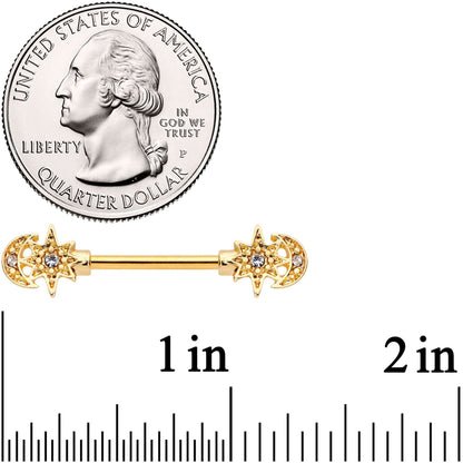 14G 9/16 Clear Gem Gold Tone Holiday Star Barbell Nipple Ring Set