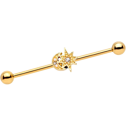 14G Clear Gem Gold Tone Holiday Star Industrial Barbell 38mm