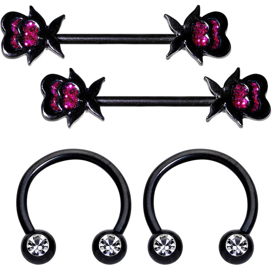 14G 5/8 1/2 Clear Gem Black Horseshoe Barbell Nipple Ring Set