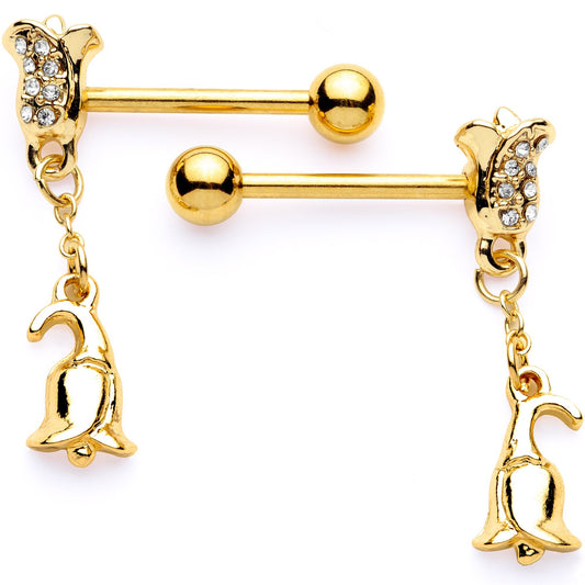 14G 5/8 Clear Gem Gold Tone Tulip Flower Dangle Barbell Nipple Ring Set