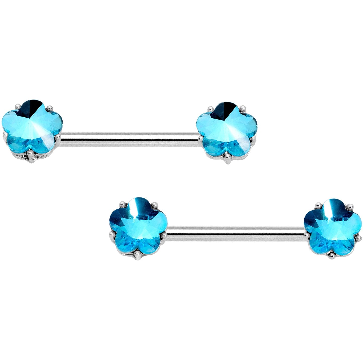 14G 9/16 1/2 Aqua Gem Flower Horseshoe Barbell Nipple Ring Set