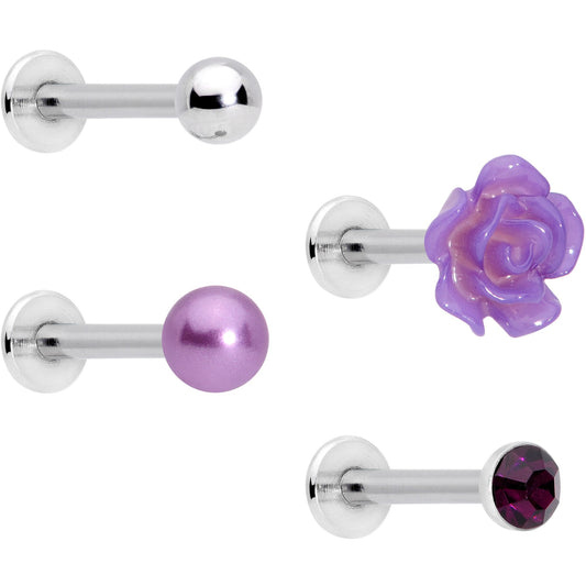 16G 1/4 Purple Gem Rose Flower Labret Monroe Tragus Set of 4