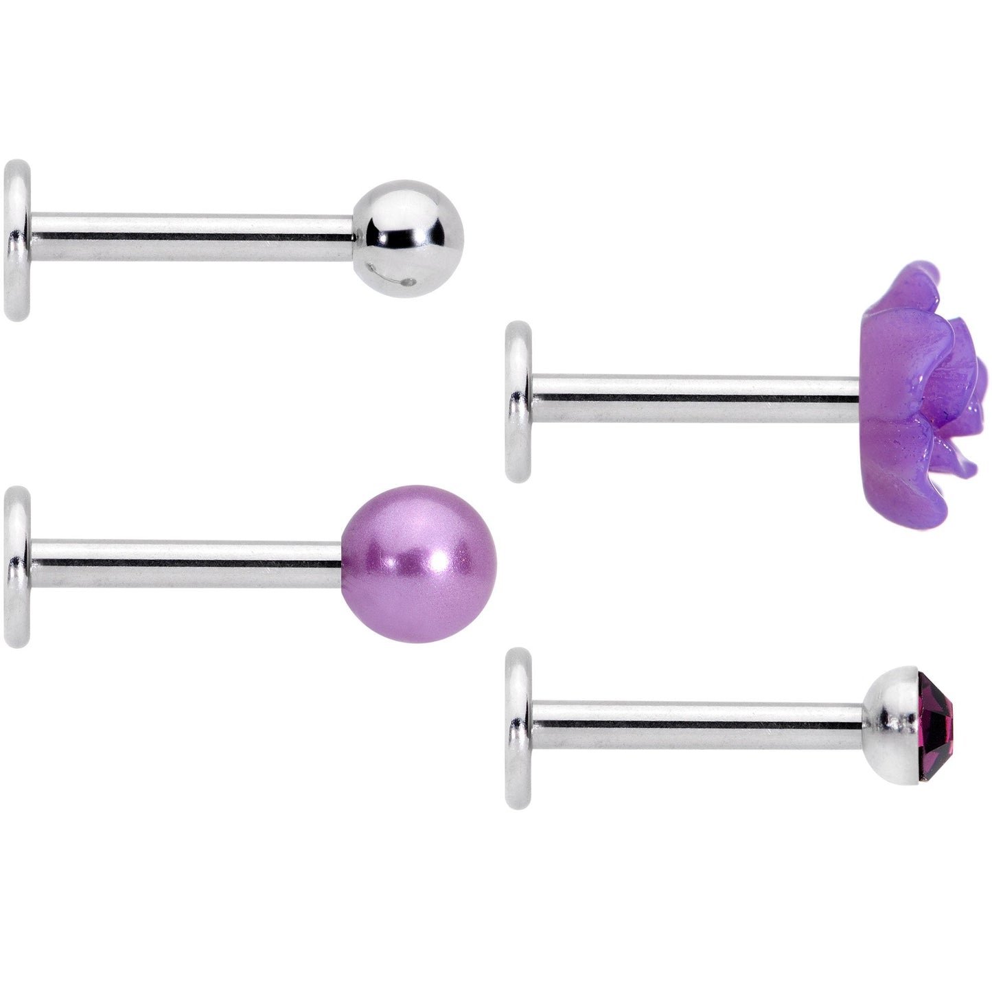 16G 1/4 Purple Gem Rose Flower Labret Monroe Tragus Set of 4