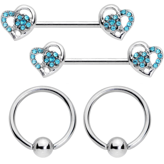 14G 9/16 5/16 Aqua Gem Hearts BCR Barbell Nipple Ring Set