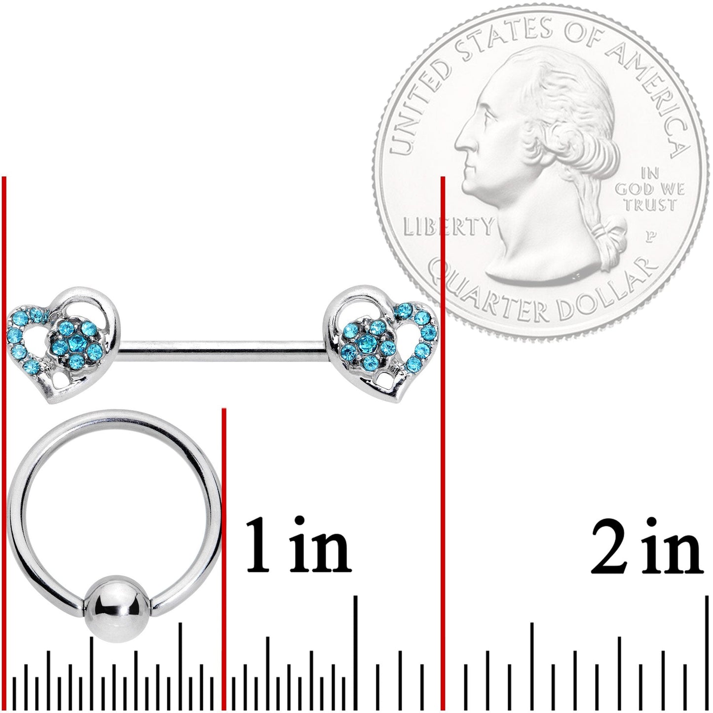 14G 9/16 5/16 Aqua Gem Hearts BCR Barbell Nipple Ring Set