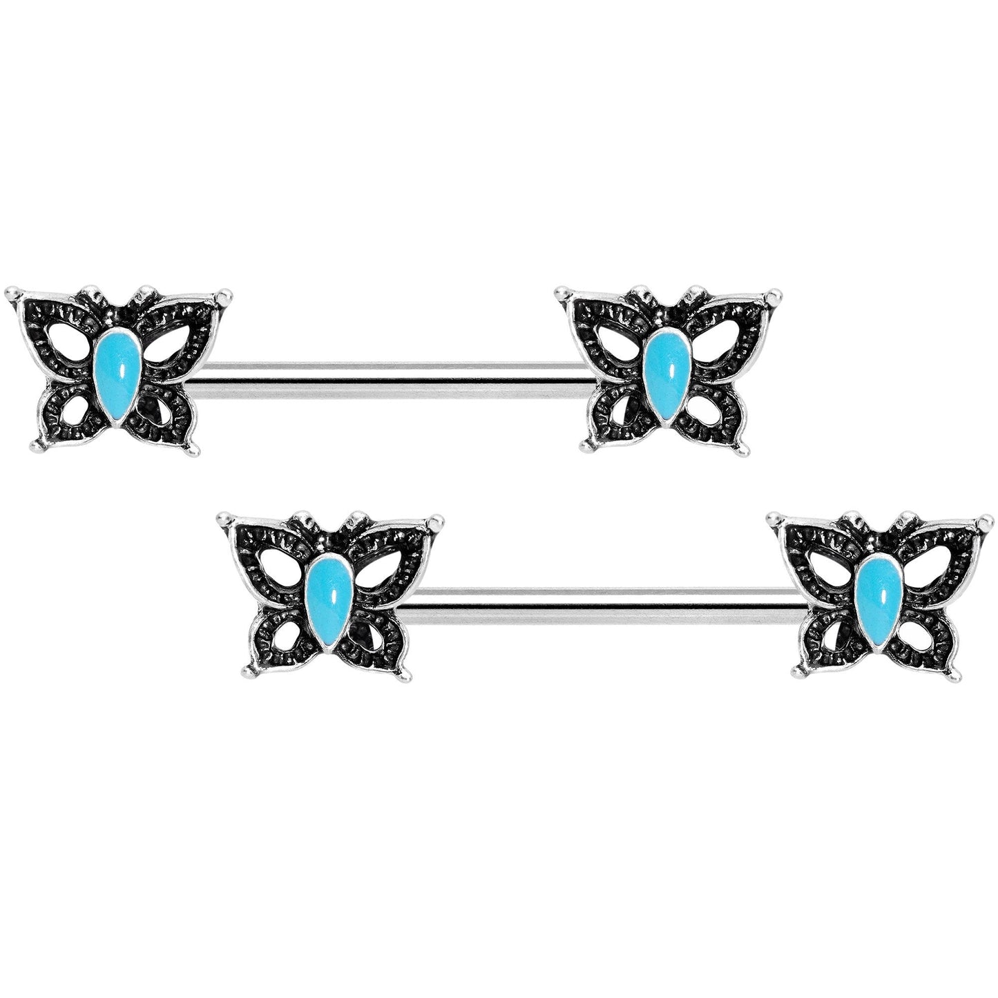 14G Faux Turquoise Butterfly BCR Barbell Nipple Ring Set of 4