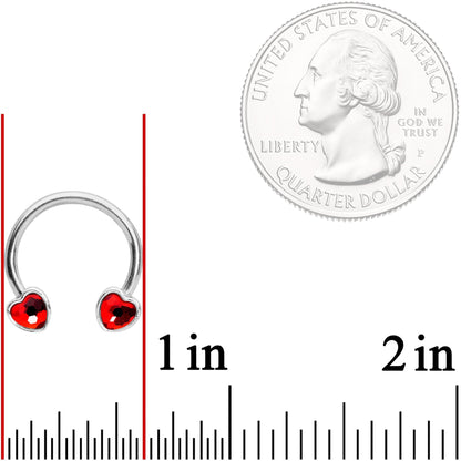 14G 9/16 Red Gem Heart Horseshoe Nipple Ring Set