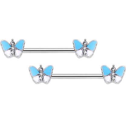14G Blue White Inlay Butterfly BCR Barbell Nipple Ring Set of 4