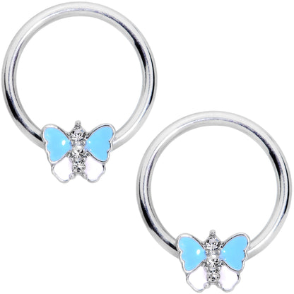 14G Blue White Inlay Butterfly BCR Barbell Nipple Ring Set of 4