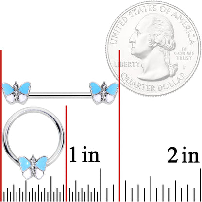 14G Blue White Inlay Butterfly BCR Barbell Nipple Ring Set of 4