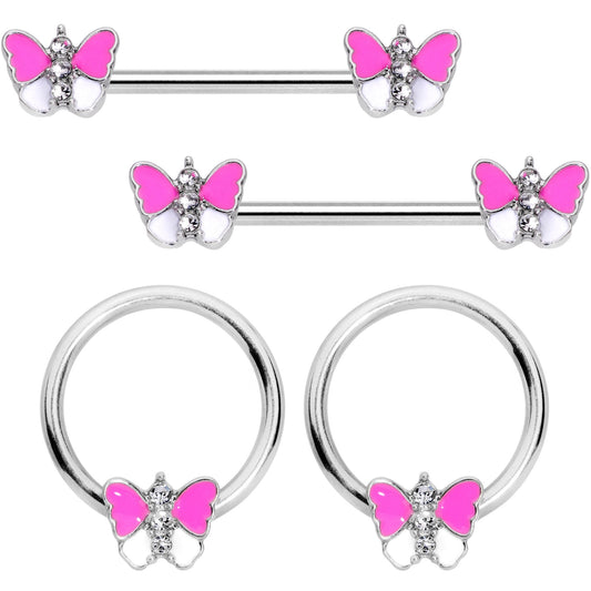 14G Pink White Inlay Butterfly BCR Barbell Nipple Ring Set of 4