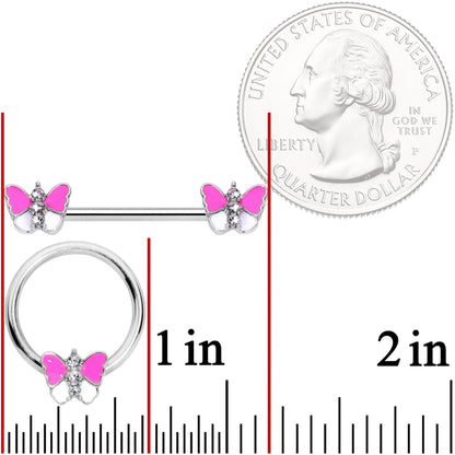 14G Pink White Inlay Butterfly BCR Barbell Nipple Ring Set of 4