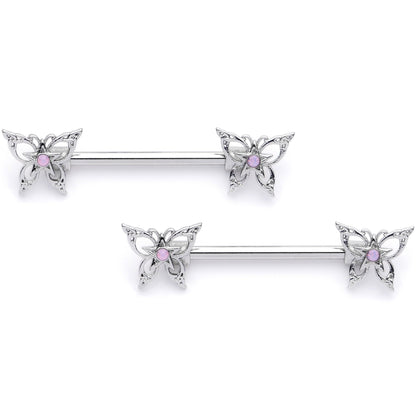 14G 9/16 Pink Faux Opal Lacy Butterfly Barbell Nipple Ring Set