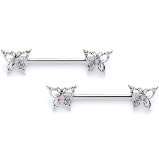 14G 9/16 Pink Faux Opal Lacy Butterfly Barbell Nipple Ring Set