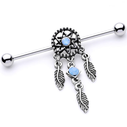 Blue Synthetic Opal Feather Dreamcatcher Industrial Barbell 38mm