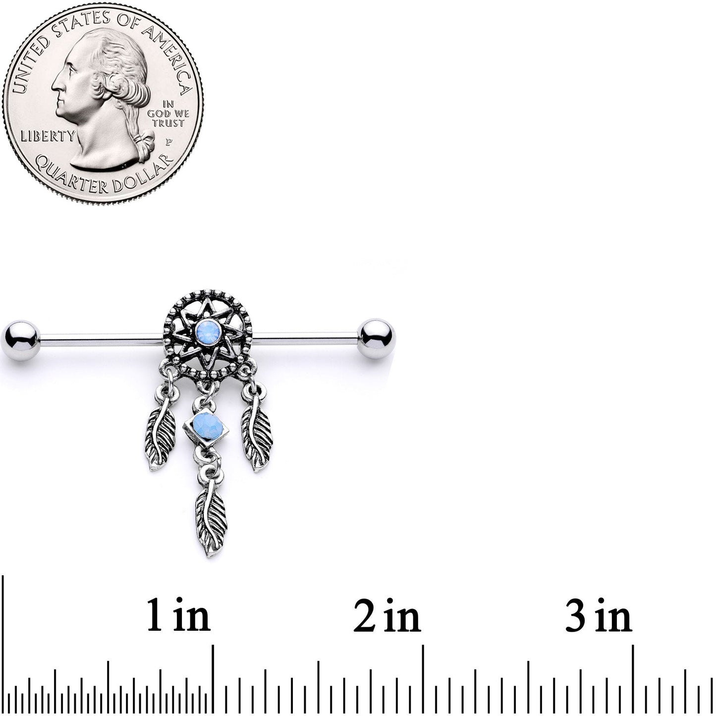 Blue Synthetic Opal Feather Dreamcatcher Industrial Barbell 38mm