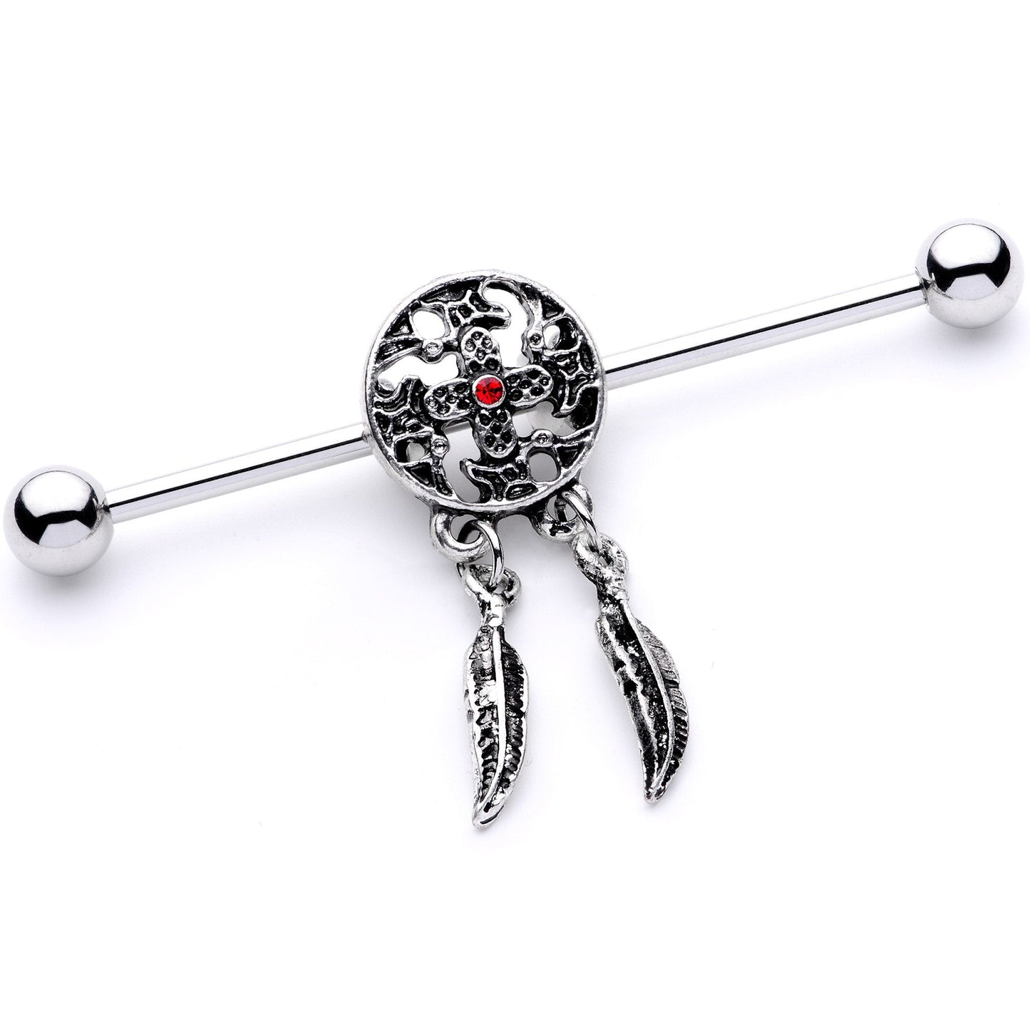14G Red Gem Cross and Feather Dangle Industrial Barbell 38mm