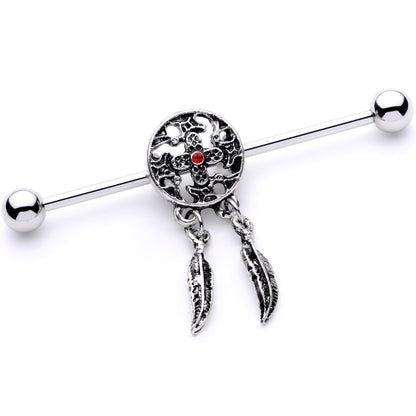 14G Red Gem Cross and Feather Dangle Industrial Barbell 38mm