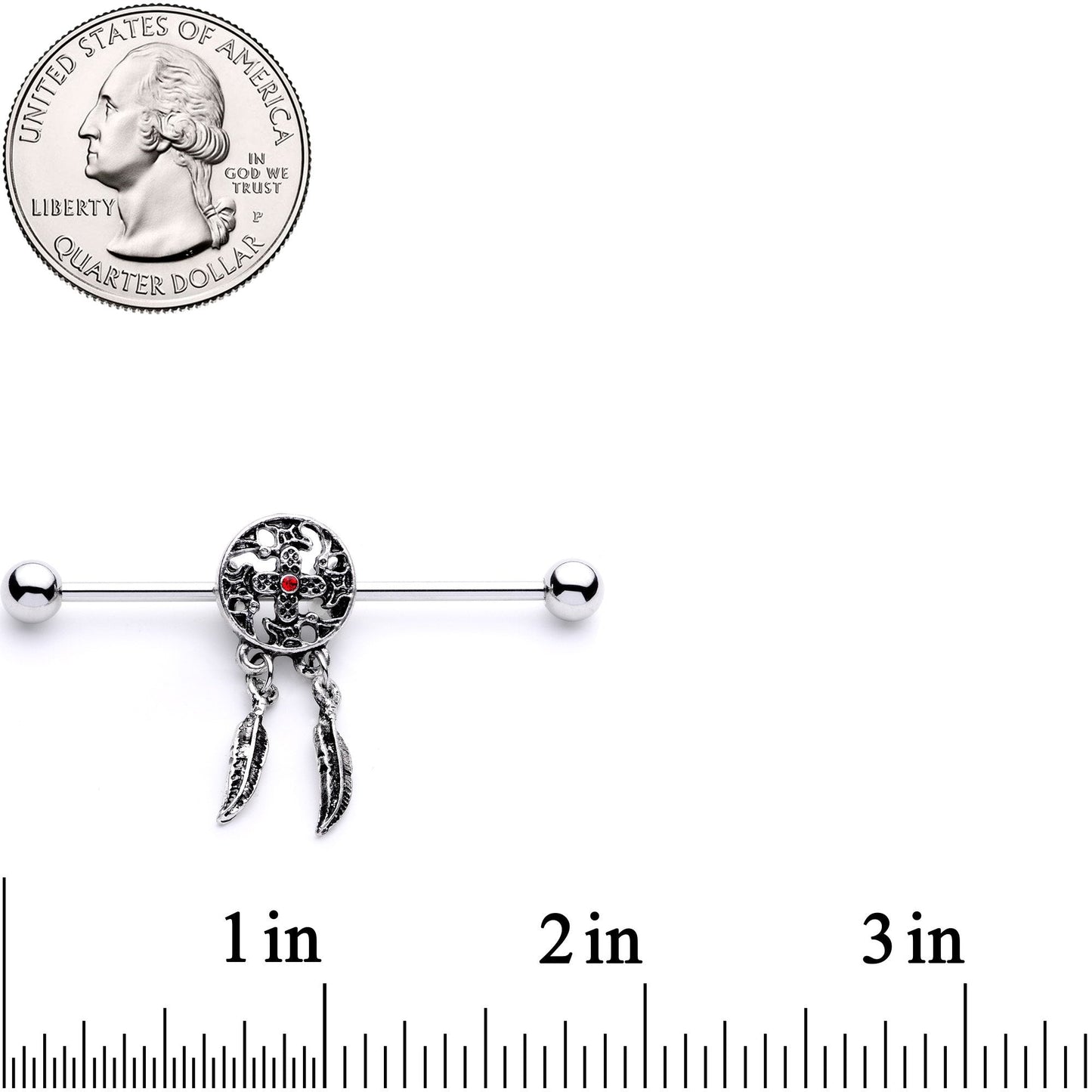 14G Red Gem Cross and Feather Dangle Industrial Barbell 38mm