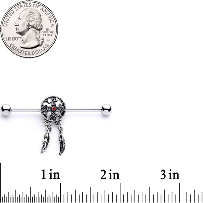 14G Red Gem Cross and Feather Dangle Industrial Barbell 38mm