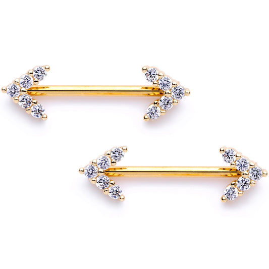 14G 9/16 Clear Gem Gold Tone Arrows Barbell Nipple Ring Set