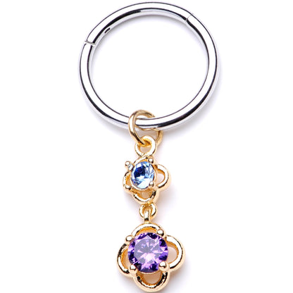 16G 3/8 Blue Purple Gem Flower Dangle Hinged Segment Ring