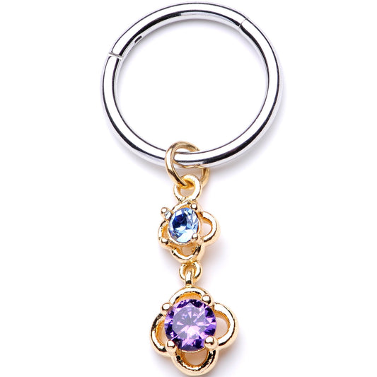 16G 3/8 Blue Purple Gem Flower Dangle Hinged Segment Ring