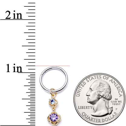 16G 3/8 Blue Purple Gem Flower Dangle Hinged Segment Ring