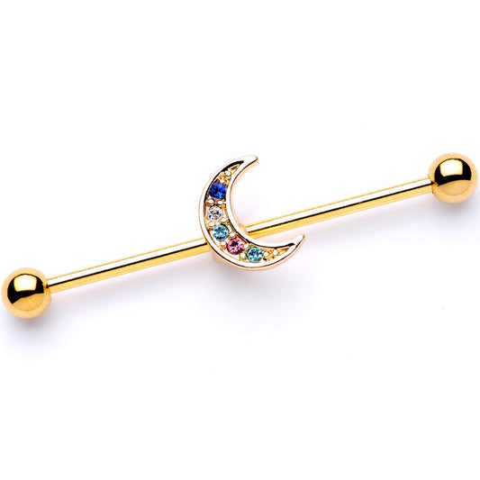 14G Multicolor Gem Gold Tone Moon Industrial Barbell 38mm