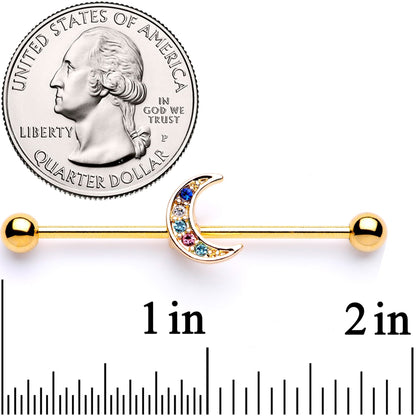 14G Multicolor Gem Gold Tone Moon Industrial Barbell 38mm