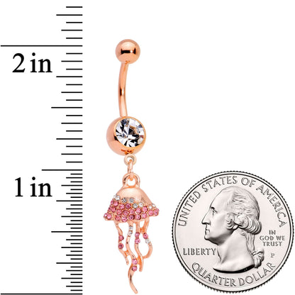 Clear Gem Rose Gold Tone Joyous Jellyfish Dangle Belly Ring