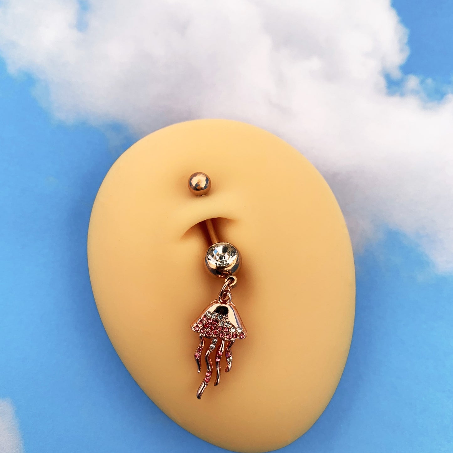 Clear Gem Rose Gold Tone Joyous Jellyfish Dangle Belly Ring
