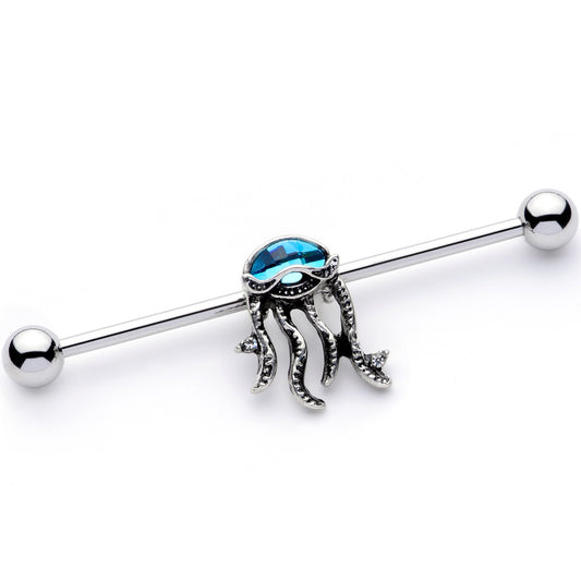14G Clear Blue Gem Nautical Jellyfish Industrial Barbell 38mm