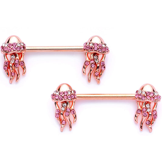 9/16 Clear Gem Rose Gold Tone Jellyfish Barbell Nipple Ring Set