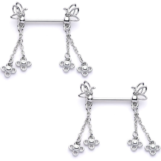 9/16 Clear Gem Butterfly Dangle Barbell Nipple Ring Set