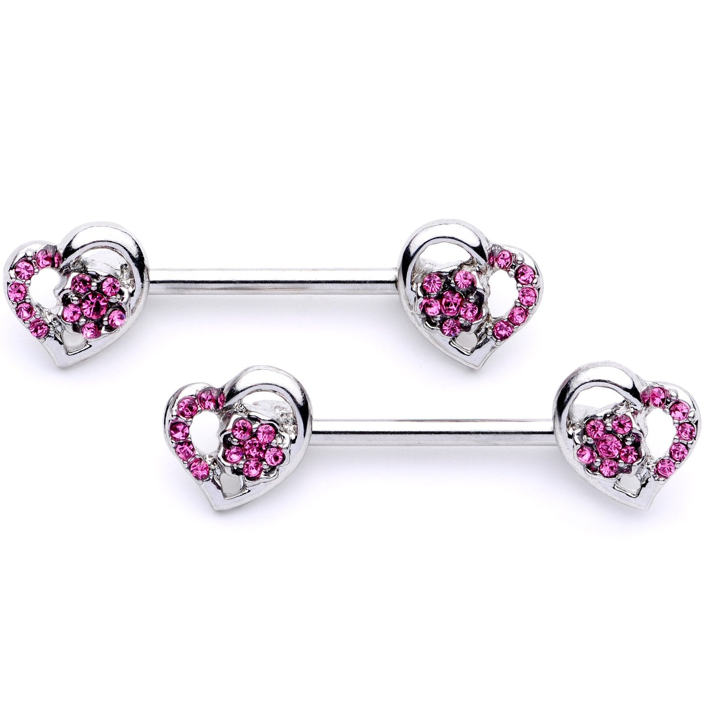 14G 9/16 1/2 Pink Gem Floral Hearts BCR Barbell Nipple Ring Set