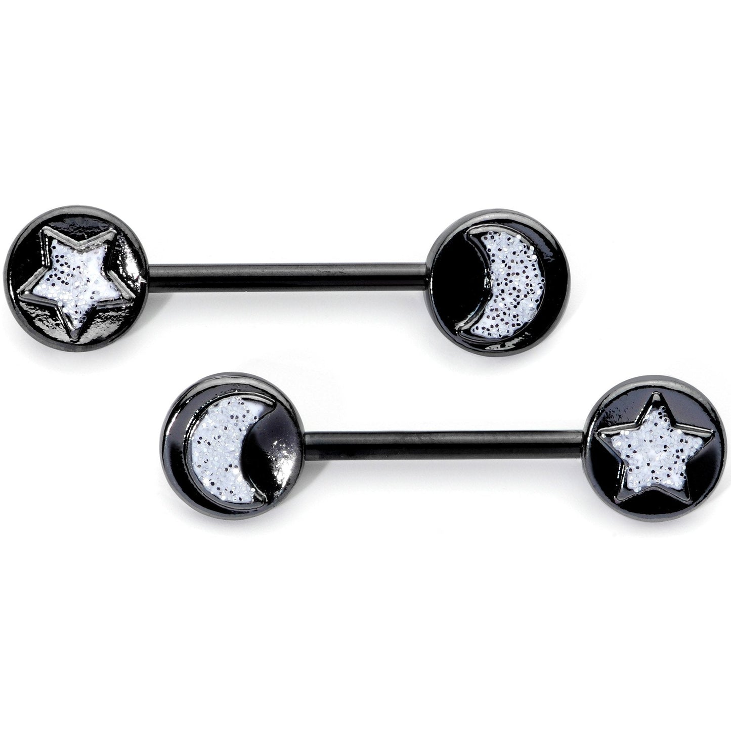 14G 9/16 1/2 Black Moon Star Horseshoe Barbell Nipple Ring Set