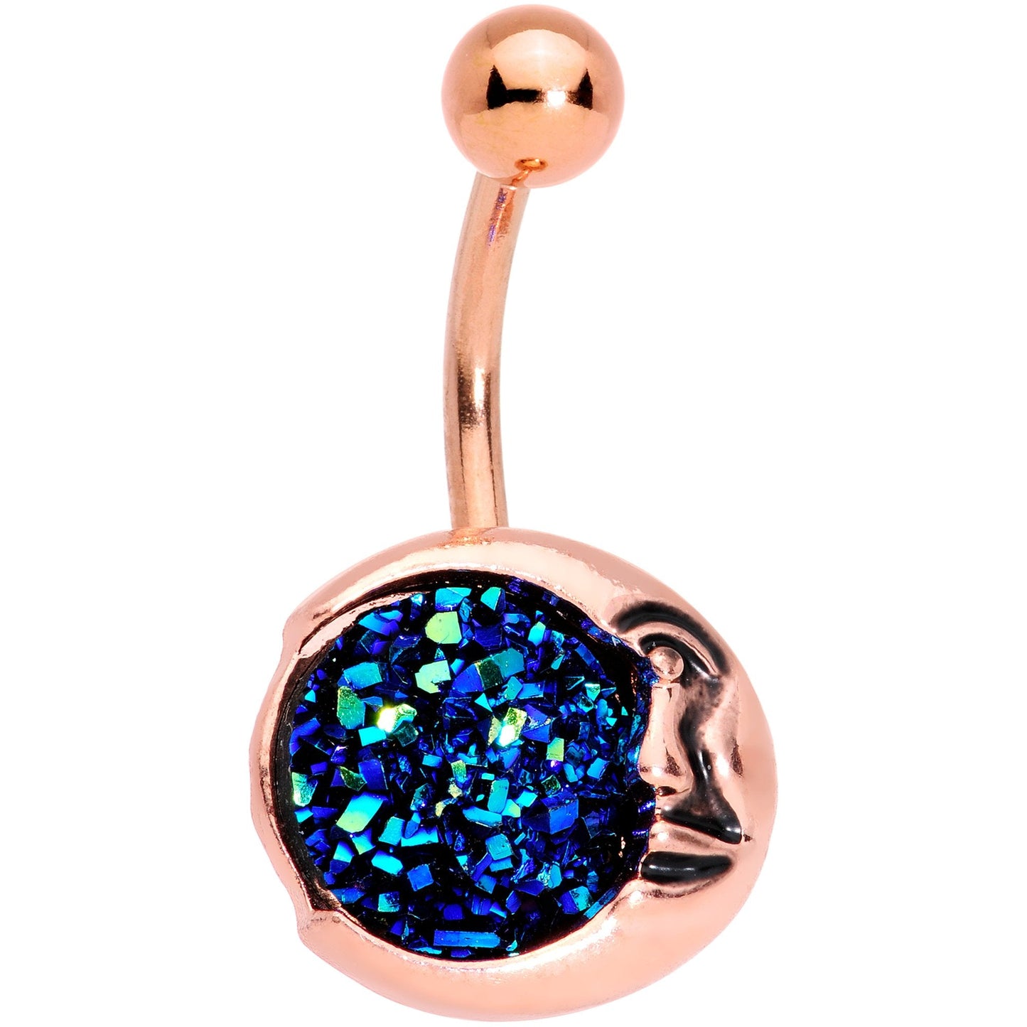 Clear Gem Blue Faux Druzy Rose Gold Tone Peaceful Moon Belly Ring Set