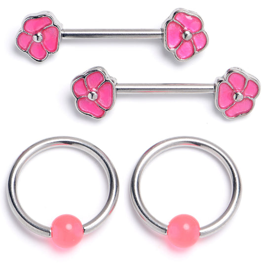 14G 9/16 1/2 Pink Flower Glow BCR Barbell Nipple Ring Set