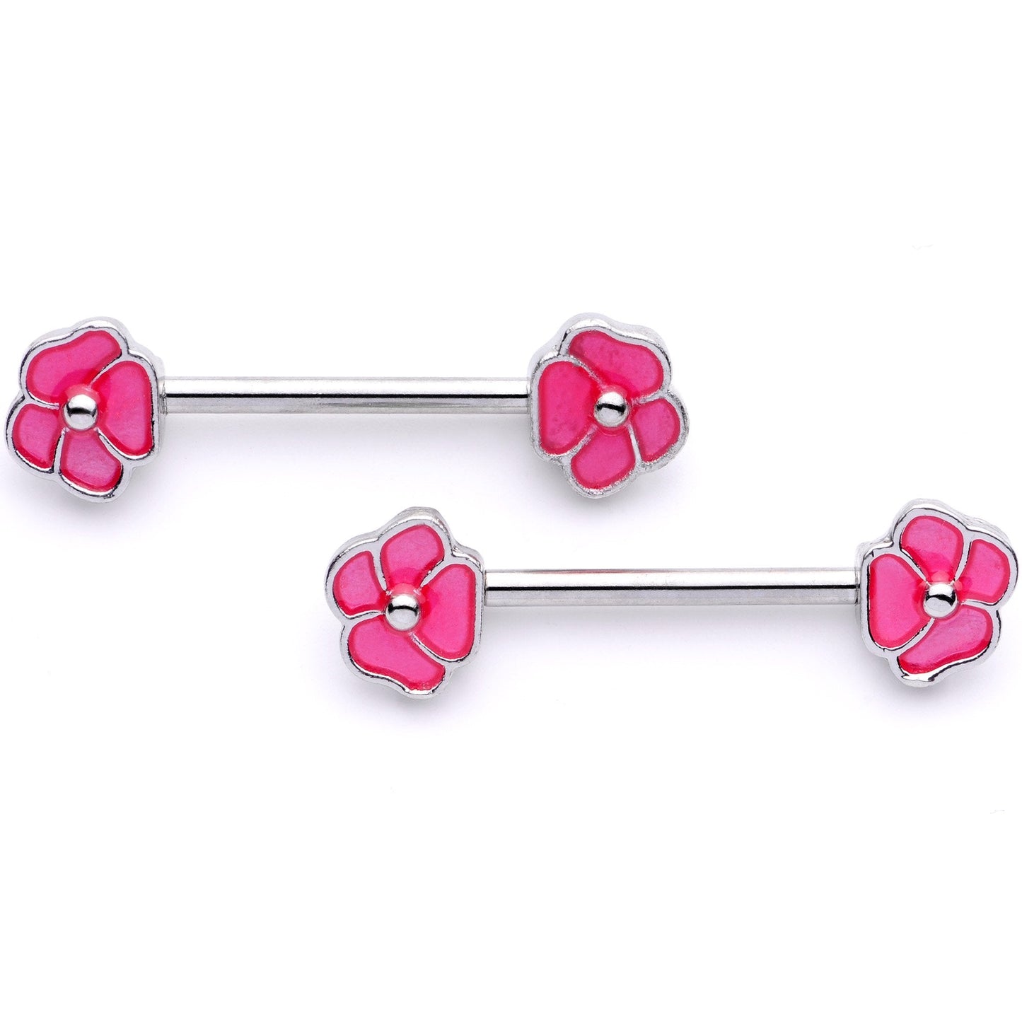 14G 9/16 1/2 Pink Flower Glow BCR Barbell Nipple Ring Set