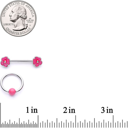 14G 9/16 1/2 Pink Flower Glow BCR Barbell Nipple Ring Set