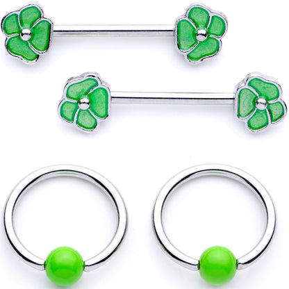 14G 9/16 1/2 Green Flower BCR Barbell Nipple Ring Set